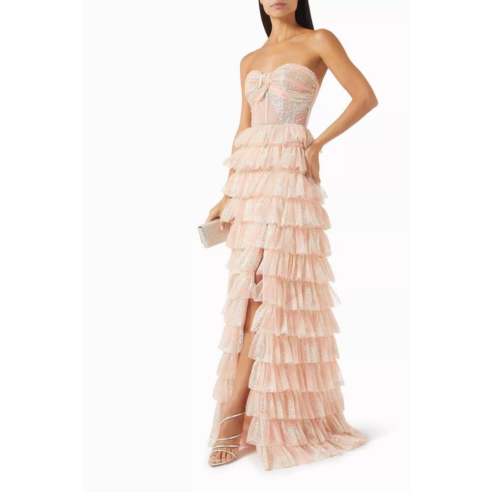 NEW TARIK EDIZ cielo glitter tiered gown in pink - Picture 2 of 4